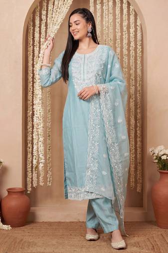 Blue embroidered silk blend kurta trouser dupatta set