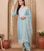Blue embroidered silk blend kurta trouser dupatta set