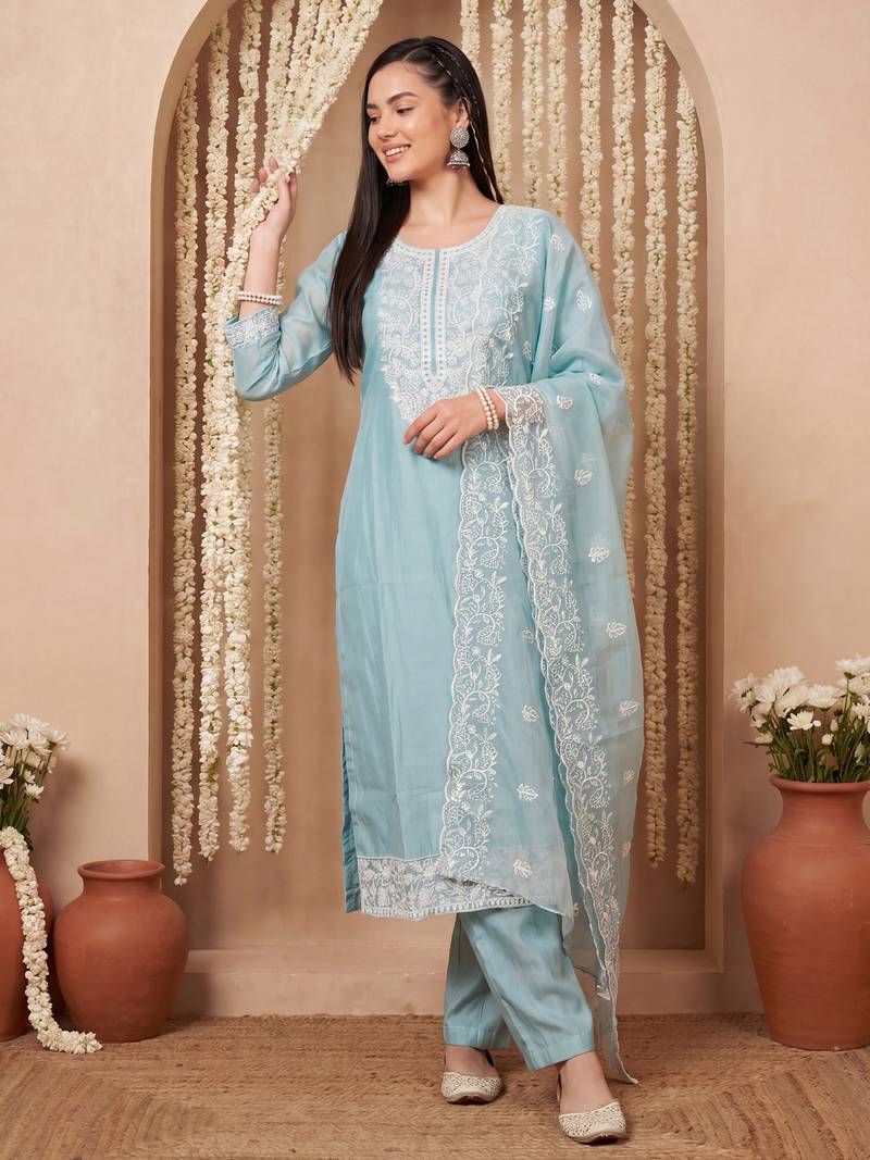 Blue embroidered silk blend kurta trouser dupatta set