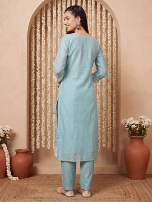 Blue embroidered silk blend kurta trouser dupatta set 2