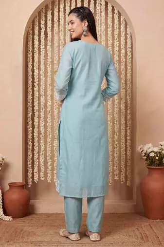 Blue embroidered silk blend kurta trouser dupatta set