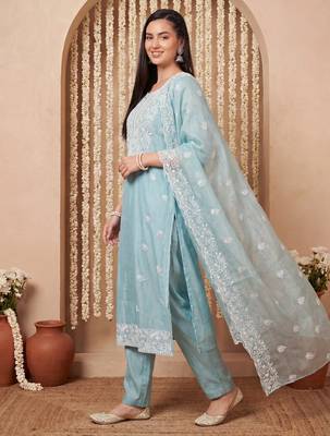 Blue embroidered silk blend kurta trouser dupatta set 3