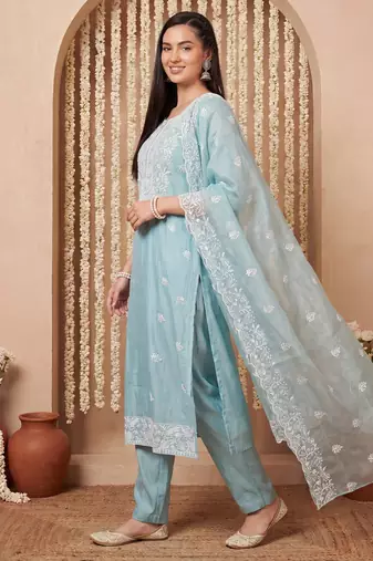 Blue embroidered silk blend kurta trouser dupatta set