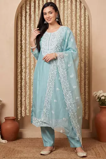 Blue embroidered silk blend kurta trouser dupatta set