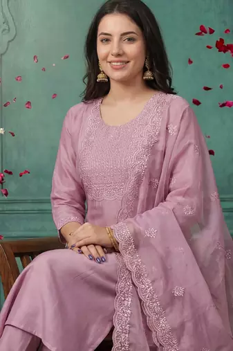 Pink embroidered silk blend kurta trouser dupatta set