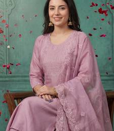 Pink embroidered silk blend kurta trouser dupatta set