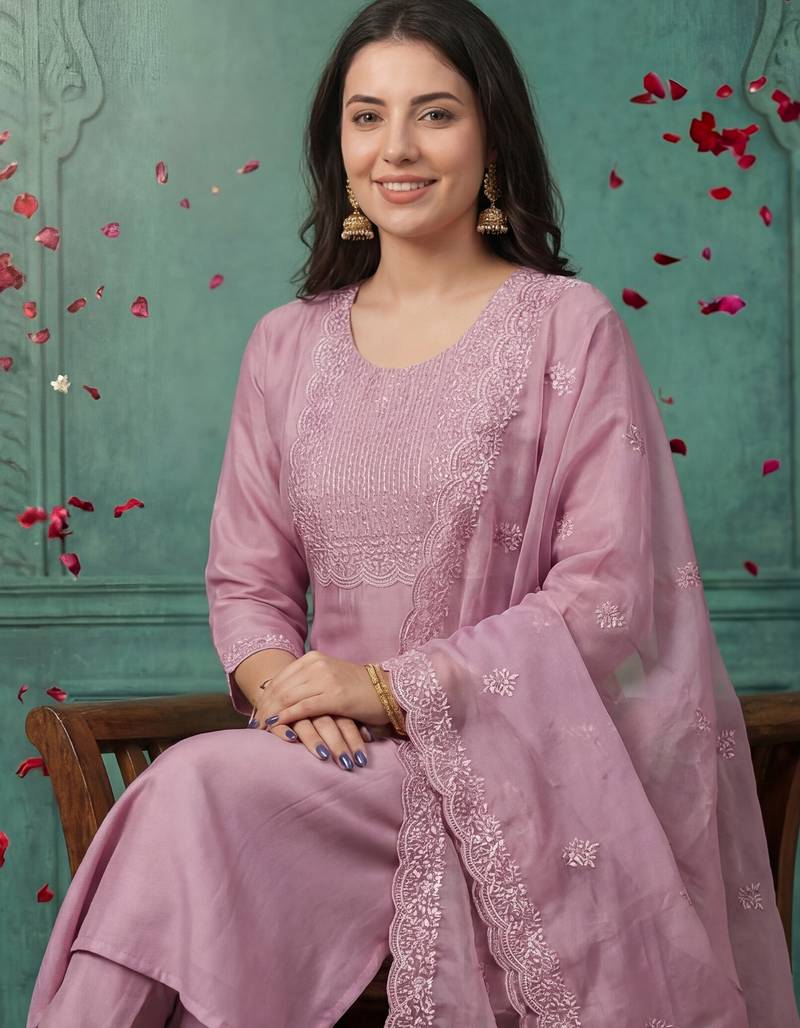 Pink embroidered silk blend kurta trouser dupatta set