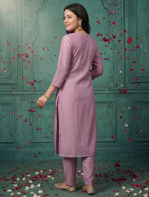 Pink embroidered silk blend kurta trouser dupatta set 3