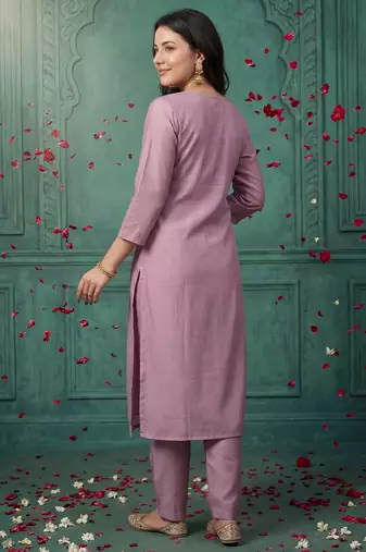 Pink embroidered silk blend kurta trouser dupatta set