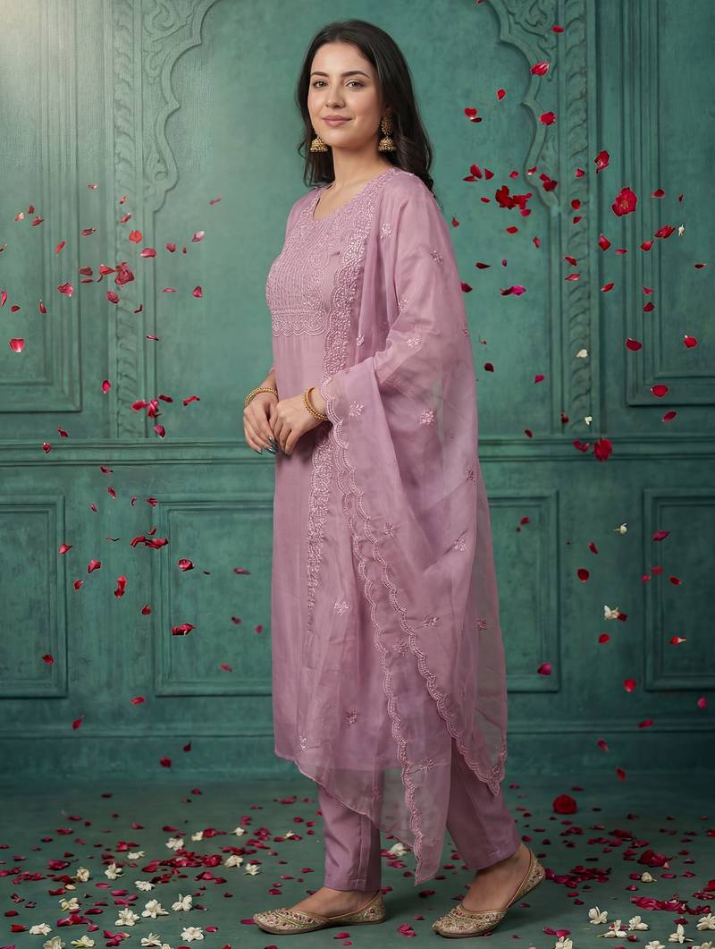 Pink embroidered silk blend kurta trouser dupatta set