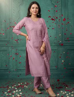 Pink embroidered silk blend kurta trouser dupatta set 1