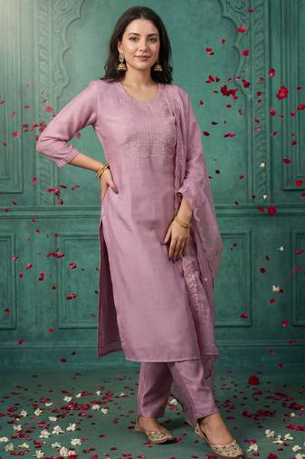 Pink embroidered silk blend kurta trouser dupatta set