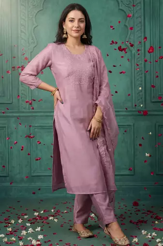 Pink embroidered silk blend kurta trouser dupatta set