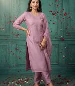 Pink embroidered silk blend kurta trouser dupatta set