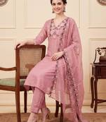 Pink embroidered silk blend kurta trouser dupatta set