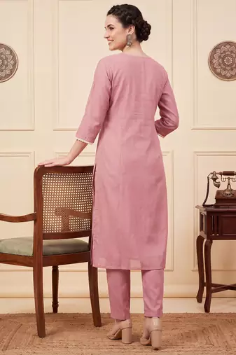 Pink embroidered silk blend kurta trouser dupatta set