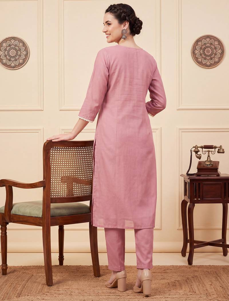 Pink embroidered silk blend kurta trouser dupatta set