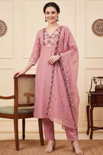 Pink embroidered silk blend kurta trouser dupatta set