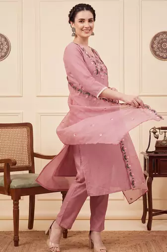 Pink embroidered silk blend kurta trouser dupatta set