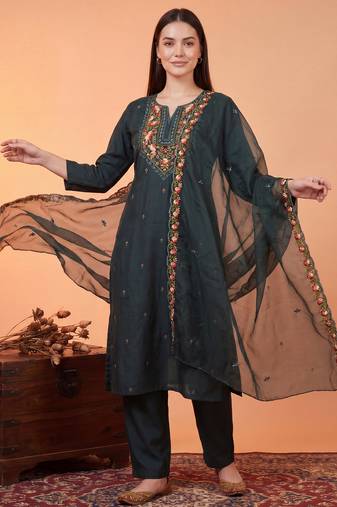 Teal embroidered silk blend kurta trouser dupatta set