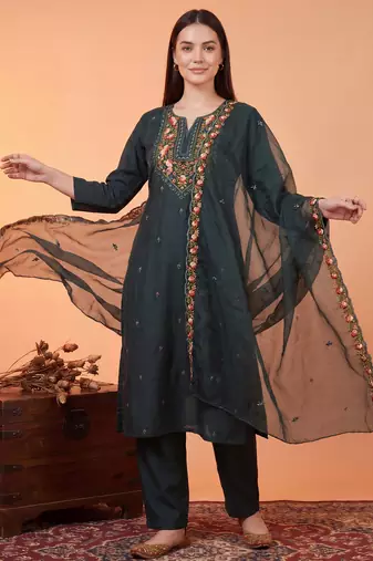 Teal embroidered silk blend kurta trouser dupatta set