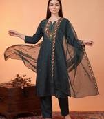 Teal embroidered silk blend kurta trouser dupatta set