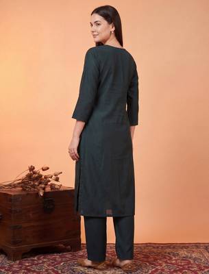 Teal embroidered silk blend kurta trouser dupatta set 2