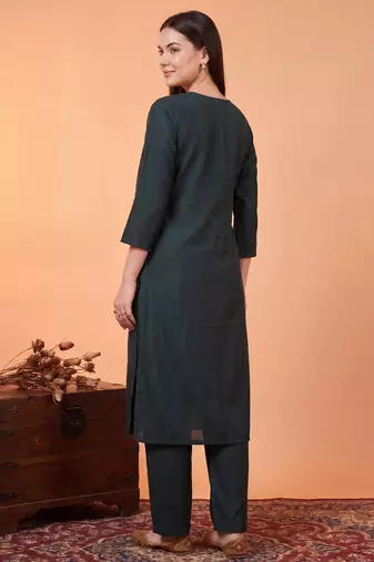 Teal embroidered silk blend kurta trouser dupatta set