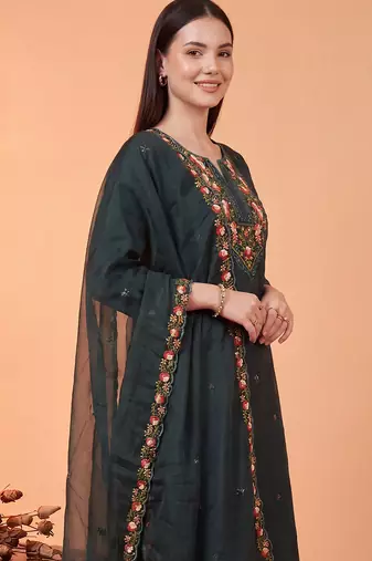 Teal embroidered silk blend kurta trouser dupatta set