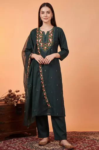Teal embroidered silk blend kurta trouser dupatta set