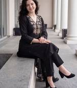 Black embroidered silk blend kurta trouser dupatta set