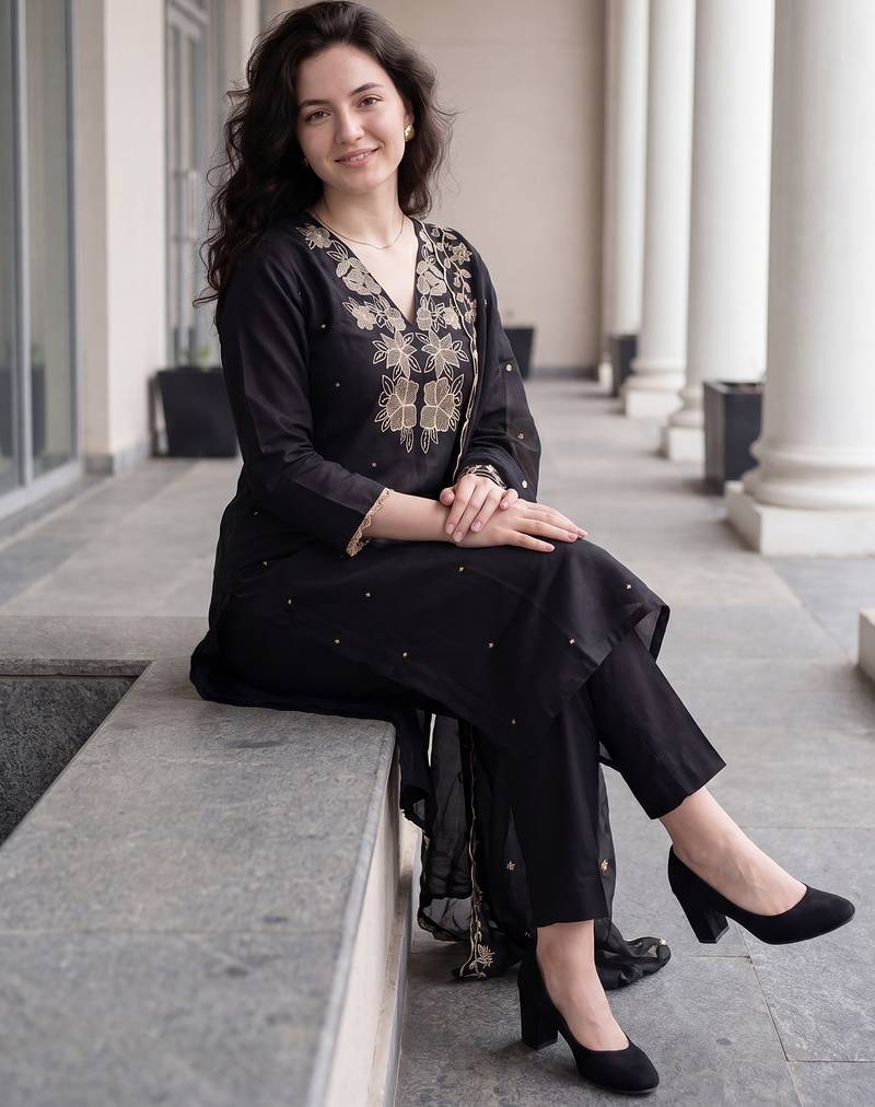 Black embroidered silk blend kurta trouser dupatta set
