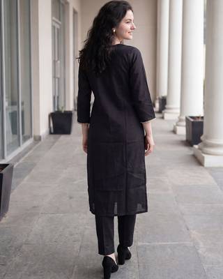 Black embroidered silk blend kurta trouser dupatta set 2