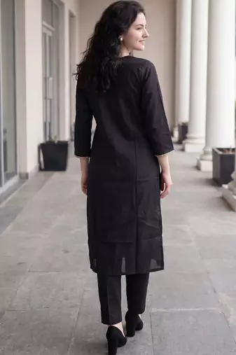 Black embroidered silk blend kurta trouser dupatta set