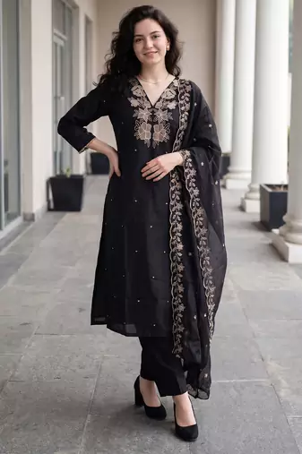 Black embroidered silk blend kurta trouser dupatta set