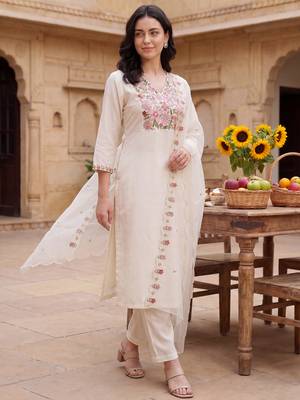 White embroidered silk blend kurta trouser dupatta set 1