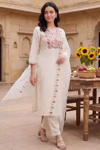 White embroidered silk blend kurta trouser dupatta set