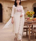 White embroidered silk blend kurta trouser dupatta set