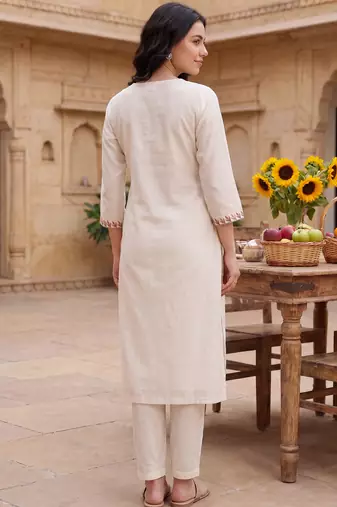 White embroidered silk blend kurta trouser dupatta set