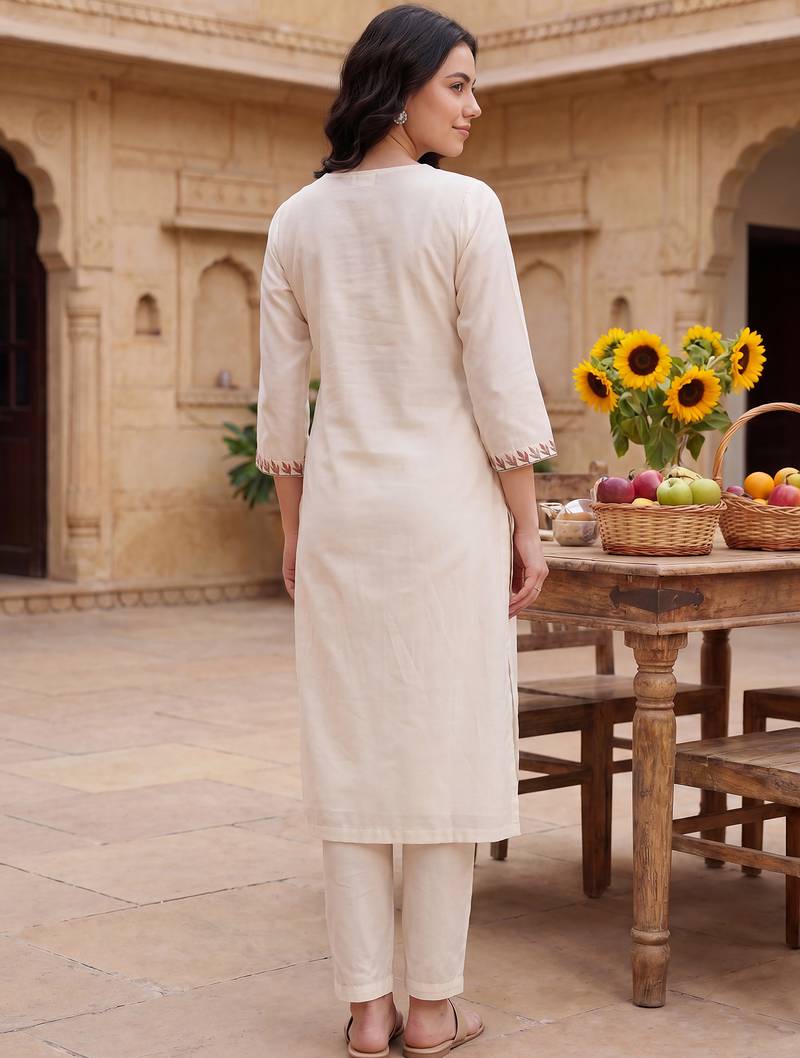White embroidered silk blend kurta trouser dupatta set