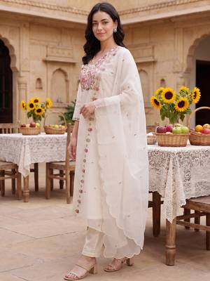 White embroidered silk blend kurta trouser dupatta set 3