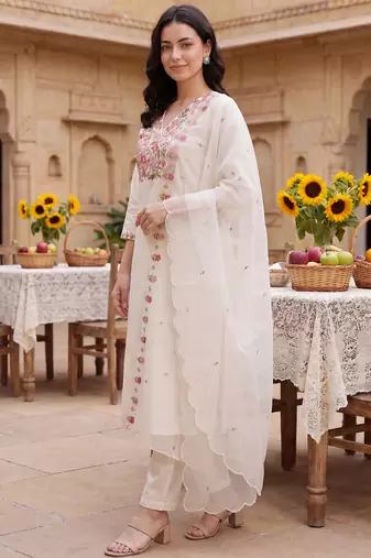 White embroidered silk blend kurta trouser dupatta set
