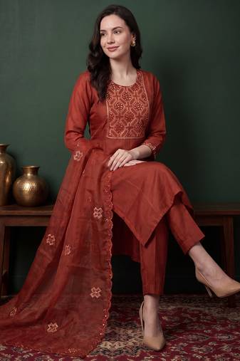 Orange embroidered silk blend kurta trouser dupatta set