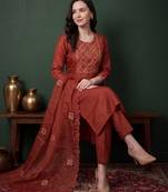 Orange embroidered silk blend kurta trouser dupatta set