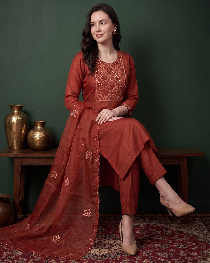 Orange embroidered silk blend kurta trouser dupatta set