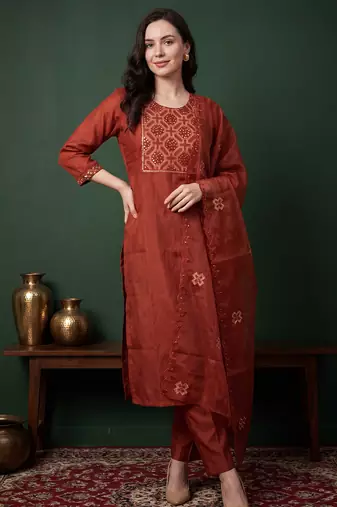 Orange embroidered silk blend kurta trouser dupatta set