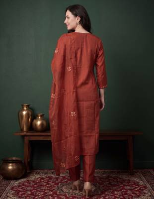 Orange embroidered silk blend kurta trouser dupatta set 3