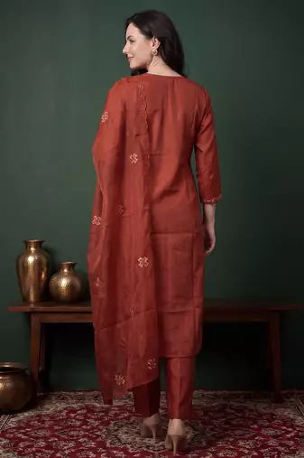 Orange embroidered silk blend kurta trouser dupatta set