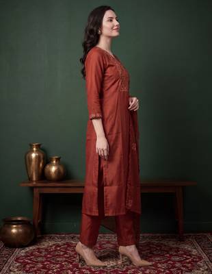 Orange embroidered silk blend kurta trouser dupatta set 4