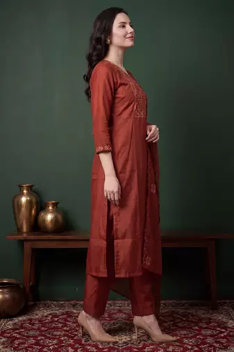 Orange embroidered silk blend kurta trouser dupatta set